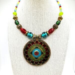 VTG Y2K Bohemian Enameled Brass Medallion Choker Necklace Artsy Boho Chic
